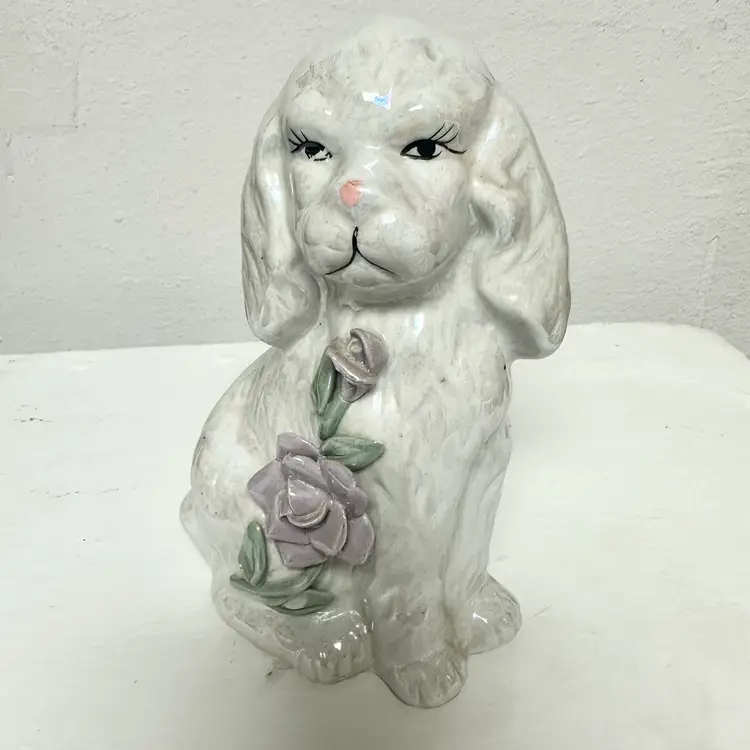 Vintage White Sitting Dog Lusterware Figurine W Purple Flowers