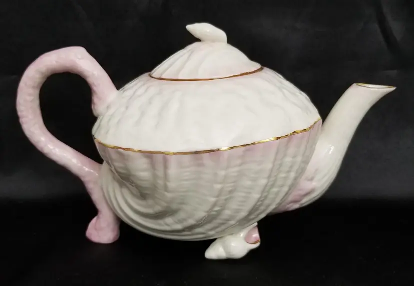 Vintage Belleek Pink Neptune Gold Trim Teapot