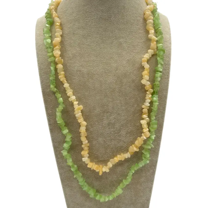 #J15 - Beige Stone & Green Shell Chip Necklaces - About 30”