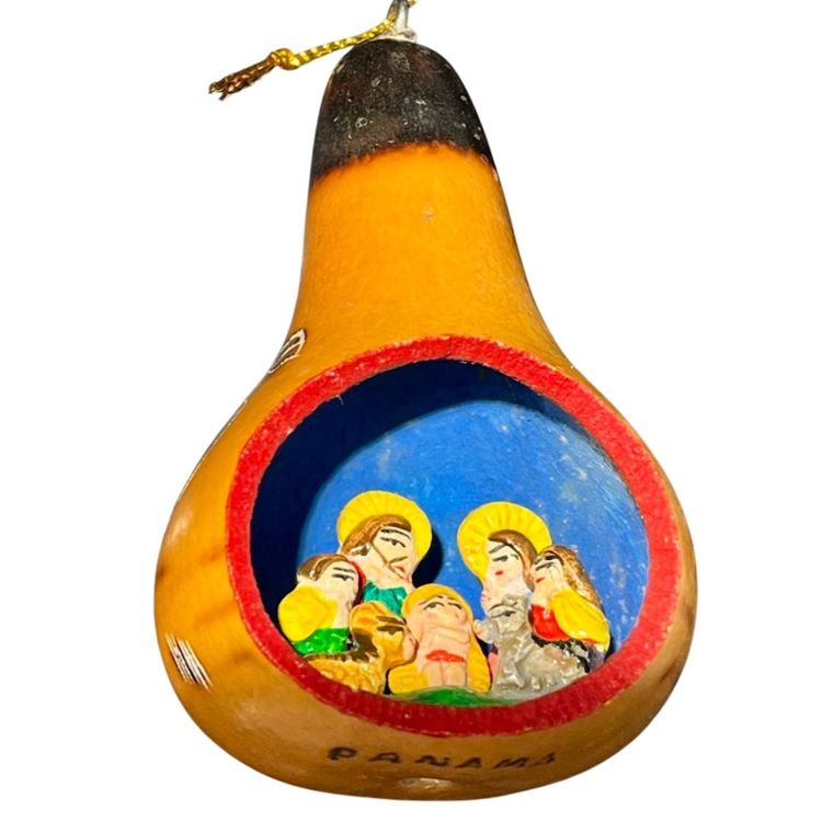 Hand Carved- Hand Painted- Nativity Gourd - Christmas Ornament - Turtle on Back