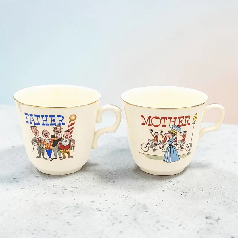 Vtg Homer Laughlin Father and Mother Tea Coffee Cup Mug Barber Shop Tandem Bike