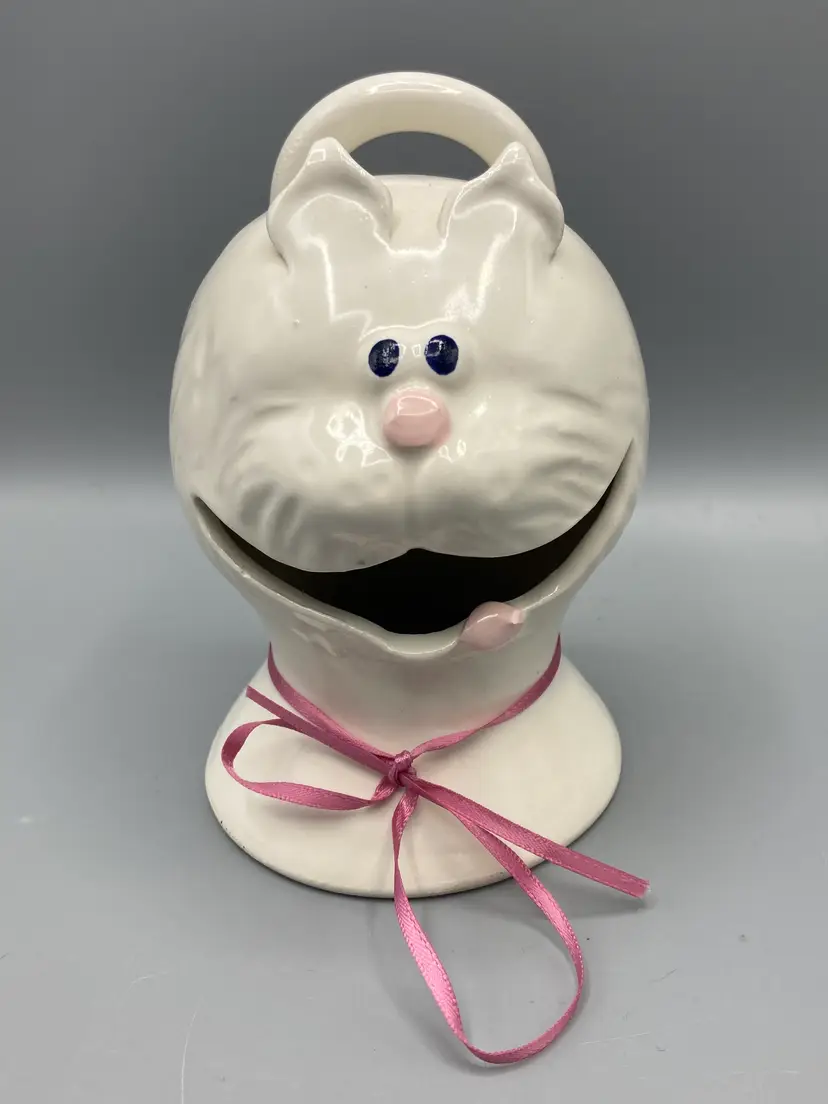 Vintage SOCK IT AWAY Sock Bank Ceramic White Cat Face