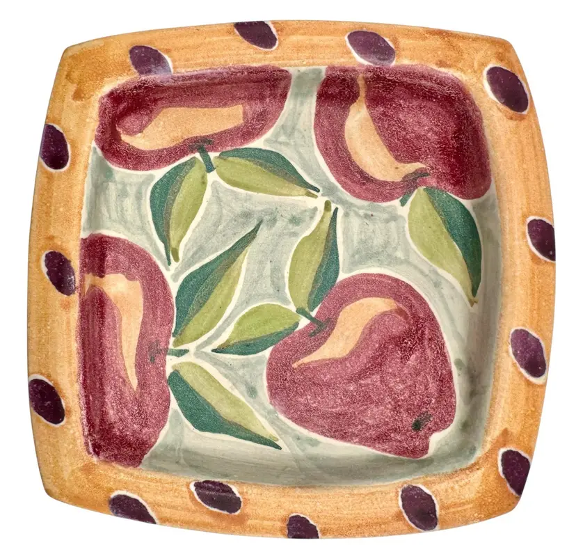 Signed Studio Art Pottery Dish Bowl Trinket Apple Fruit Hand Painted Square 6.5”