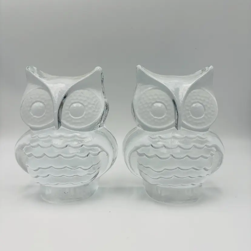Vintage Viking Glass Art Glass Owl Paperweights Bookends Clear with Sticker Pair