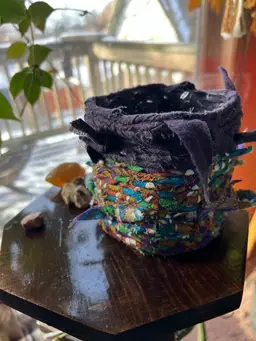 Dark purple w/ green blue & purple floral 
square cachepot