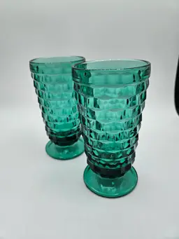 2 Dark Green Indian Glass Cubist Colony Tumbler Whitehall 6" Glasses, Vintage