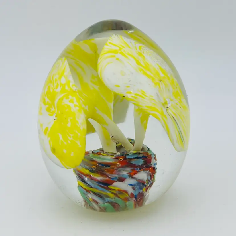 Vintage Lutetian Glass Confetti And Yellow Flower Egg Shaped Paperweight 3” READ