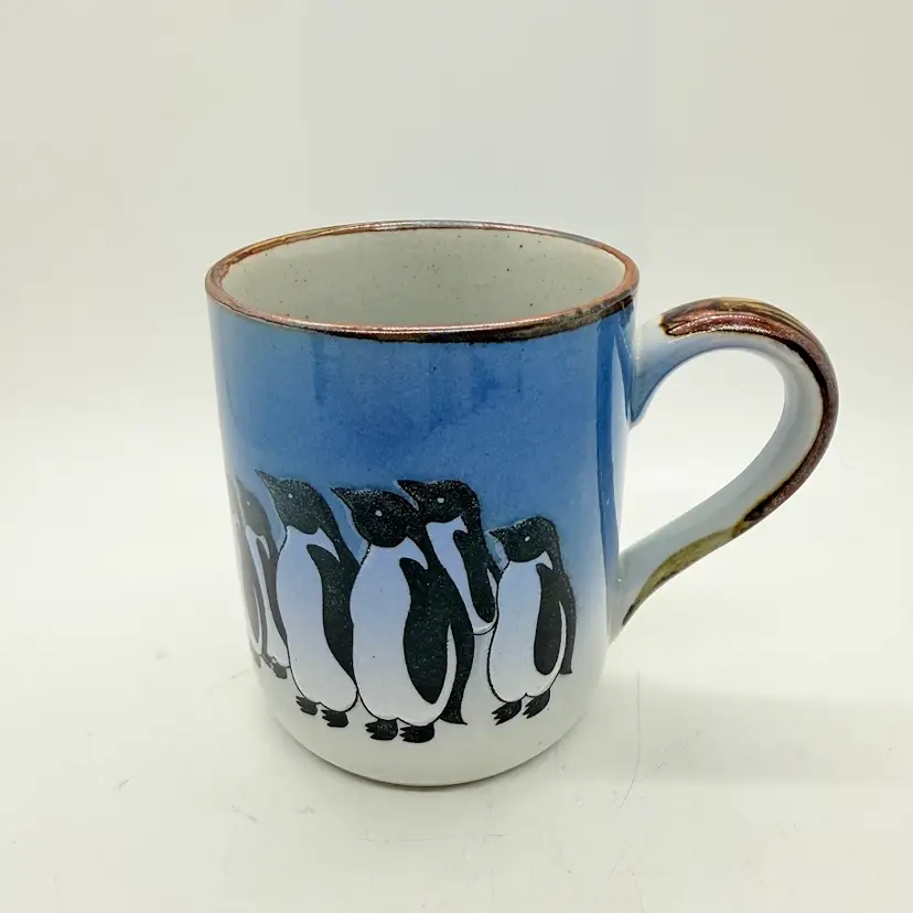 Vintage Otagiri Blue Penguin Ceramic Stoneware 4" Mug Speckled Cup Japan
