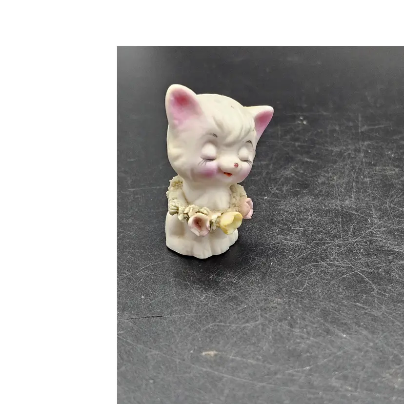 Vtg Ceramic Kitten Cat Miniature Kitschy With Floral Collar