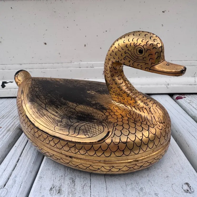 Vintage 8” Hand Painted Gold Duck Trinket Box