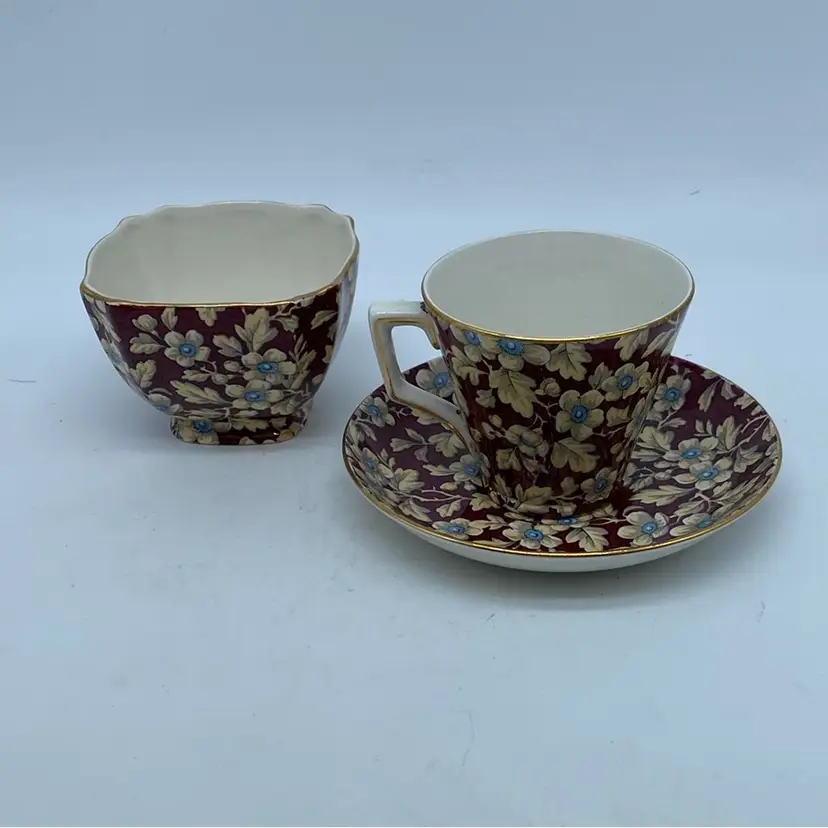 #3713 Lord Nelson Ware Royal Brocade chintz tea cup, saucer, and sugar bowl.