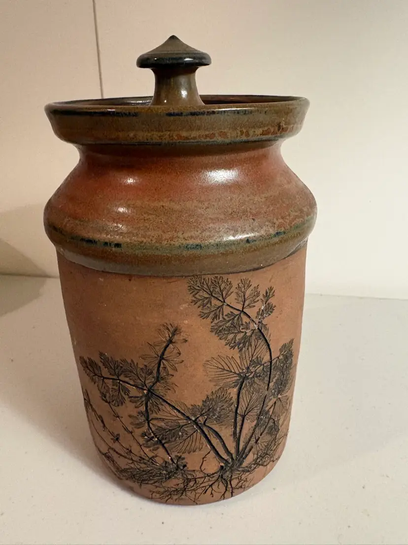 Handcrafted Pottery Lidded Jar- design, Botanical