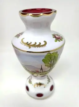 Vtg BOHEMIAN Germany Cased Art Cranberry Glass Hand Painted Vase Landscapes 8.5”
