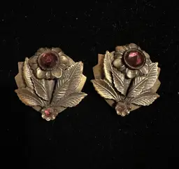 Pair of Antique Art Deco Dress Clips Brass Flower Purple Jewel