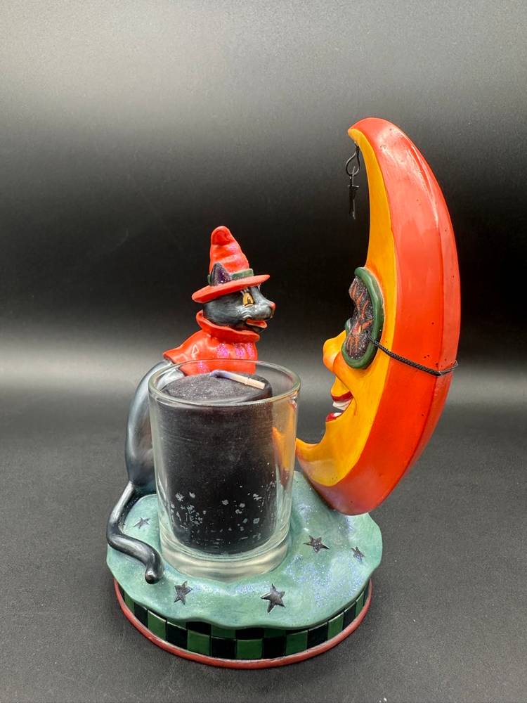 Retro Vintage Anthro Man In The Moon With Black Cat Votive Holder Halloween Decor