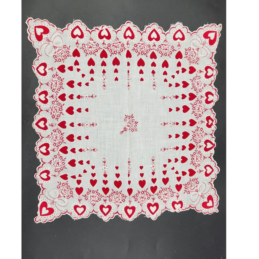 Vintage Women's Valentine's Day Handkerchief With Red Hearts Bows And Flowers Scalloped Edges