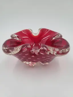 #02 Vintage Ruby Red Art Glass Ashtray with Clear Bubble Accents
