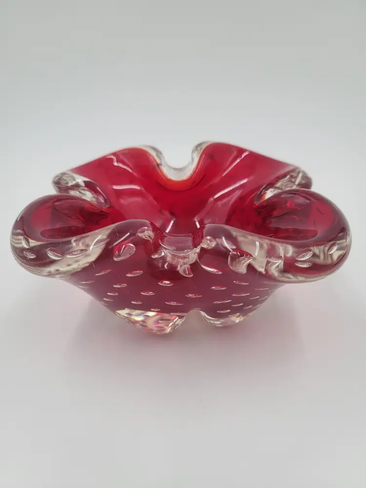 #02 Vintage Ruby Red Art Glass Ashtray with Clear Bubble Accents
