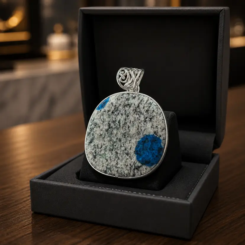 Sterling Silver Pendant w/ Bezel Set K2 Azurite Stone, 1.75"