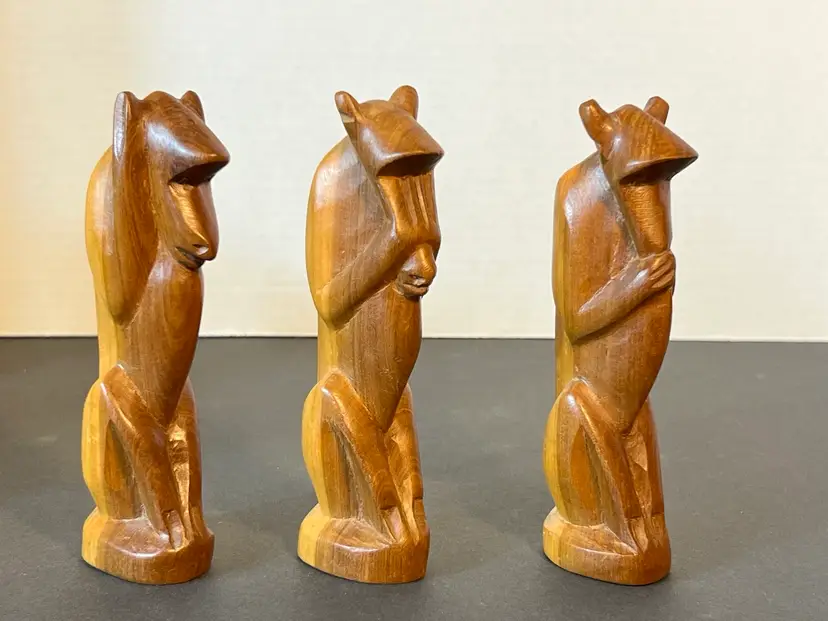 Vintage HAND-CARVED SOLID WOOD MONKEYS (3) SEE, HEAR, & SPEAK NO EVIL