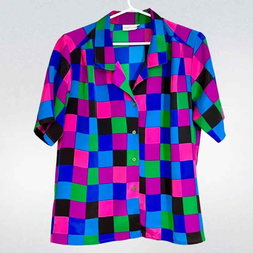 Checkerboard Button Up Vintage Short Sleeved Blouse