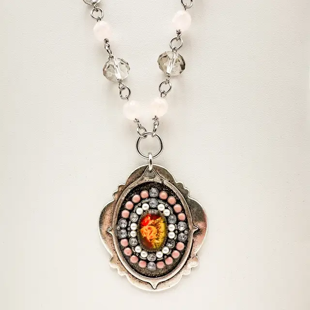 Necklace Earrings Set Rose Quartz Faceted Crystal Repurposed Jewelry Handmade Silver Tone 24