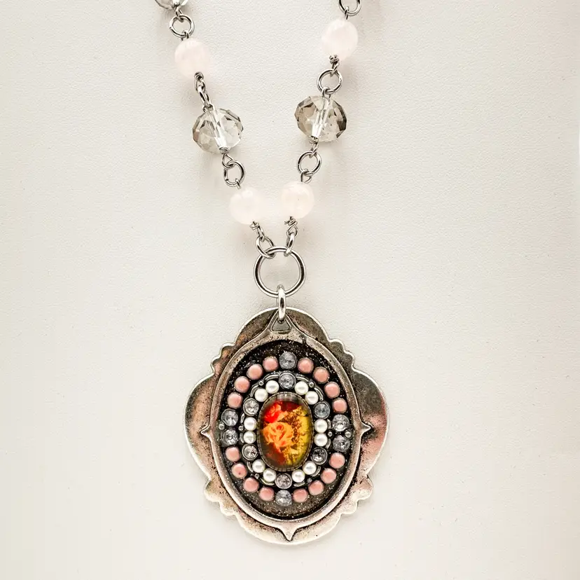 Necklace Earrings Set Rose Quartz Faceted Crystal Repurposed Jewelry Handmade Silver Tone 24"