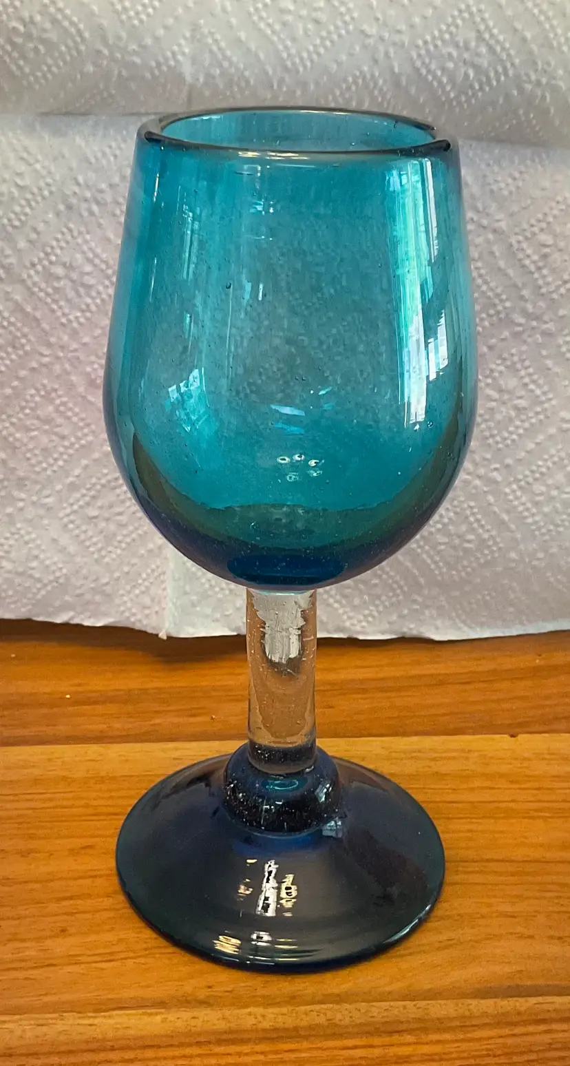 Beautiful teal / turquoise stemmed glasses 6 1/2 tall and 2 1/2 across top; set of 6 handblown