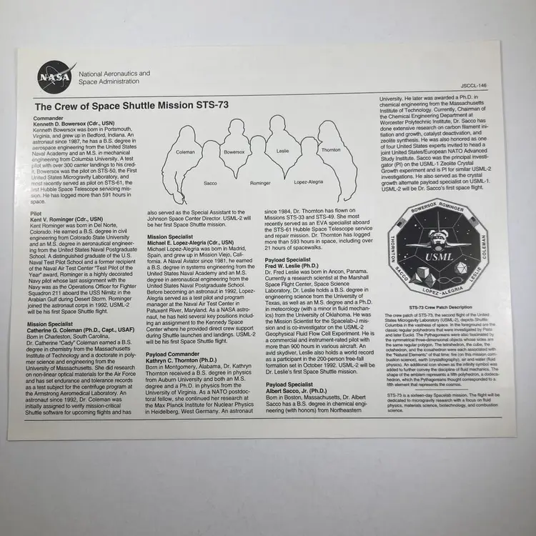 NASA Crew of Space Shuttle Mission STS-73 Signed by Crew To Raytheon Employees