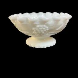 Milk Glass Ruffled Rim Bowl w/ Grape and Leaf Pattern, Pedestal Base w/ Design that Complements the Entire Small Bowl