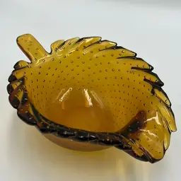 Vintage Blown Glass Leaf Bowl Bullicante 7” x 5” x 2.5”