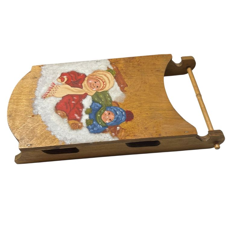 vintage wooden hand painted 12.75 x 7.5 sled with children playing in snow
