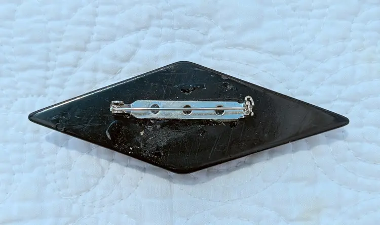 Vintage 1980's Art Deco Revival Black Diamond Brooch with textured Gold and Rhinestone Accents