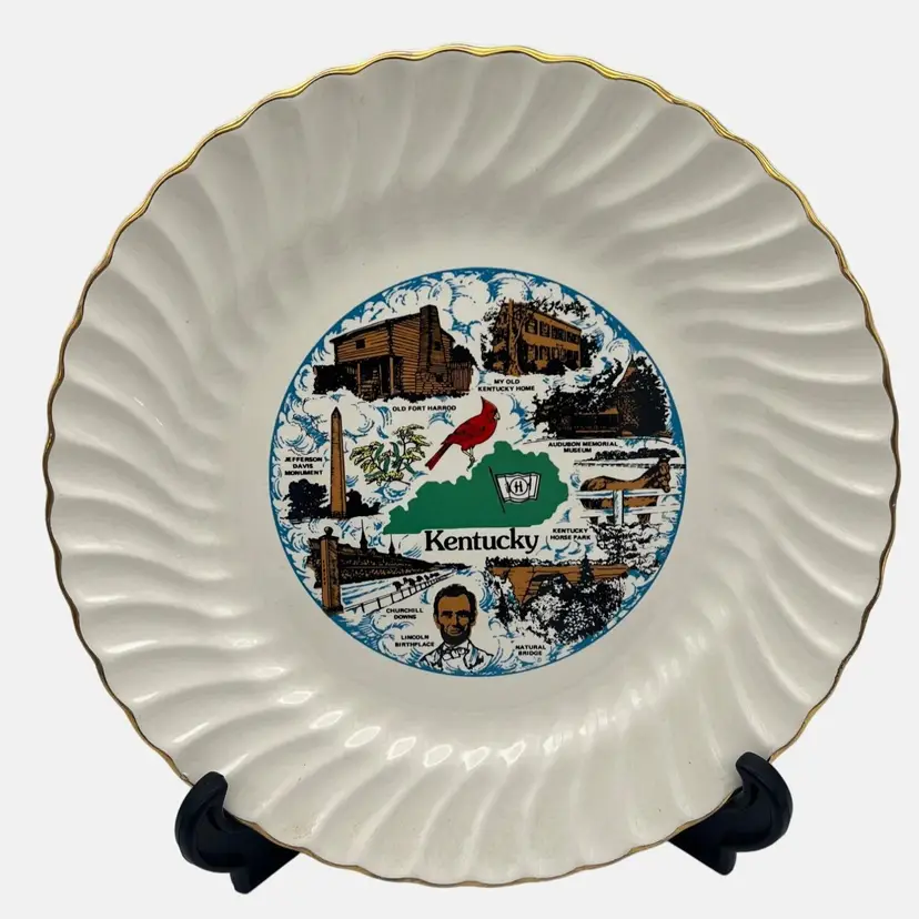 Vintage Kentucky Souvenir Collectible Plate Gold Trim Historic Landmarks 9.75”