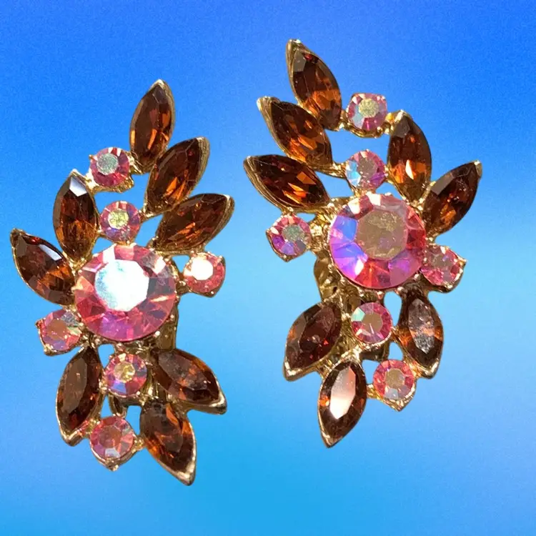 Ornate Gold Tone Purple And Pink Iridescent Rhinestone Cluster Ear Huggers Clip On Earrings