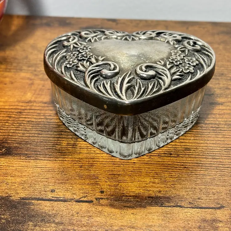 Vintage Glass Heart Shaped Trinket Dish with Metal Lid Love Gift
