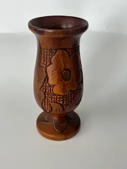 Vintage- Hand-Carved Wooden Vase – Floral Motif – 4.5” Marked Aruba  - Folk Art