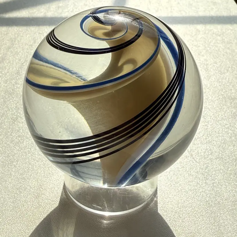 Handmade Tan Ribbon Unsigned Orb Marble With Stand 2”
