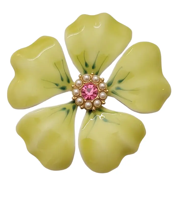 Yellow Green Enamel Faux Pearl Pink Rhinestone Flower Brooch E627