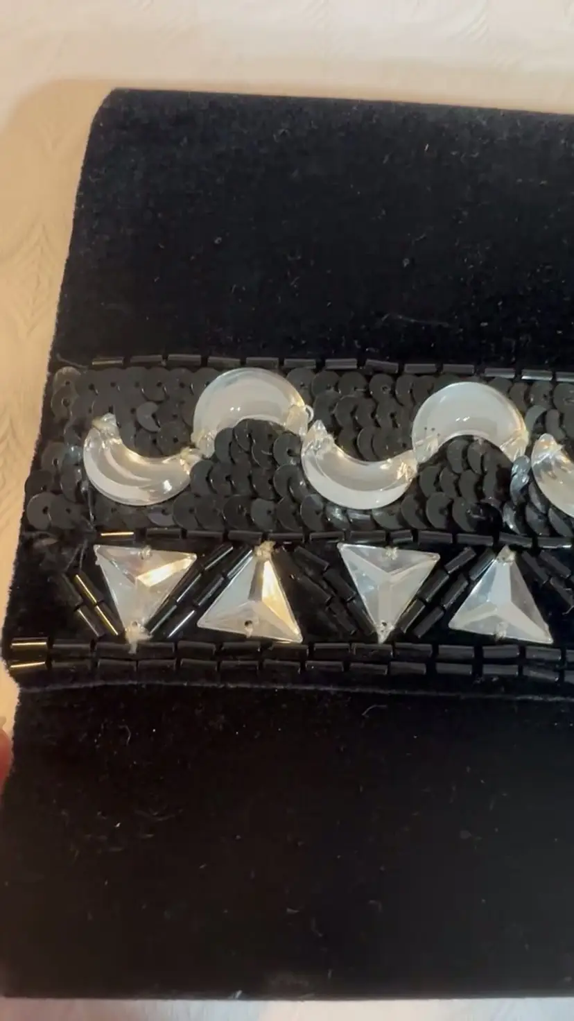 Vintage Made in Hong Kong Black Velvet with Black and White Beads and Sequin Purse