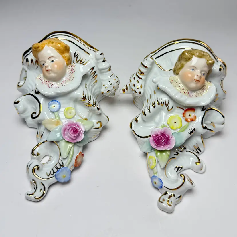 Vintage Set 2 Porcelain Cherubs Angels Putti Wall Brackets Console Shelf Ornate