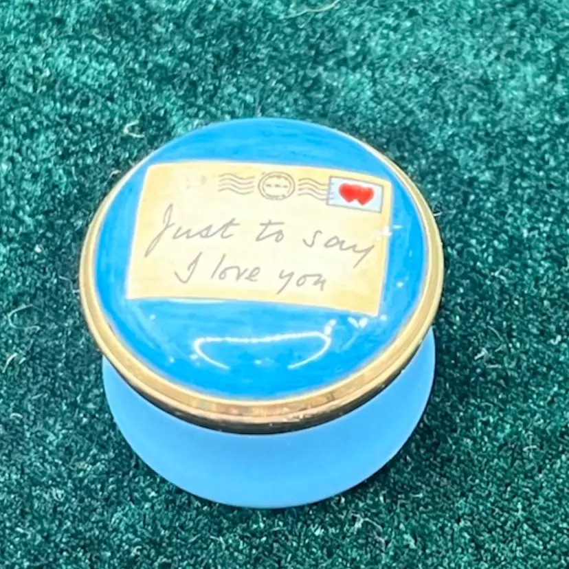 1” Miniature Halcyon Days England Enamel Round Trinket Box “Just To Say I Love You” Postcard!