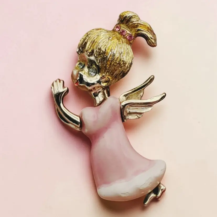 Vintage Beatrix Signed Pink Enameled Angel Girl Blue Rhinestone Eyes Brooch Pin