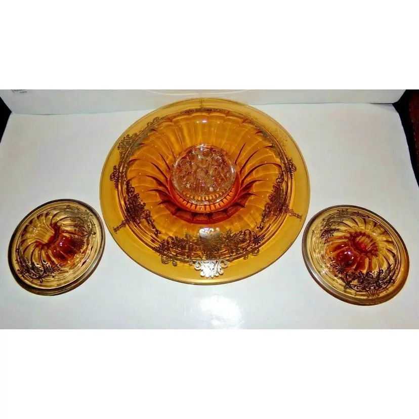 Vintage Art Deco Georgian Console Bowl & Candle Holders Amber, Central Glass, Silver Overlay RARE