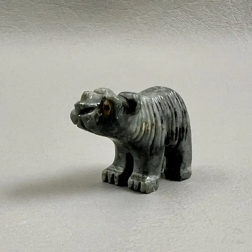 Small Hand Carved Natural Stone Bear 1.5x1" Figurine Small Gray Yellow Eyes Nice Details