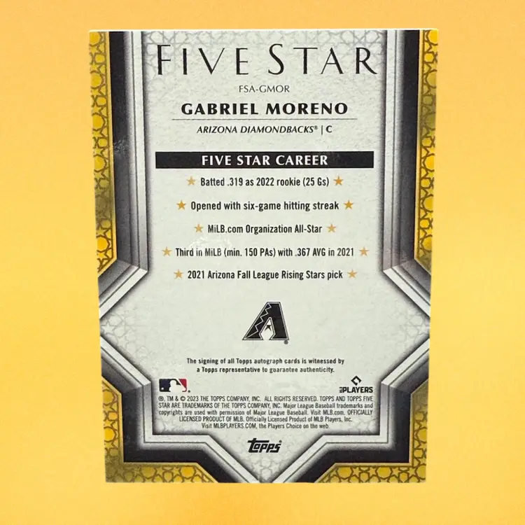 GABRIEL MORENO 2023 TOPPS FIVE STAR #FSA-GMOR RC AUTO DIAMONDBACKS