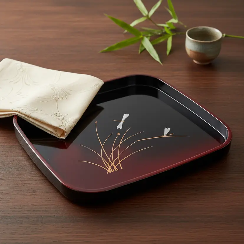 Vtg Japanese Lacquered Serving Tray w/ Gold Gilt Grasses and Dragonfly Design, 10.5" x 10.5"