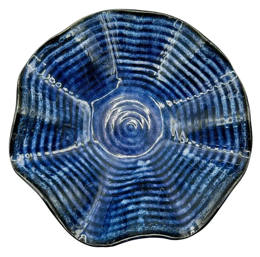 Studio Art Pottery Ruffled Edge Centerpiece Bowl Decorative Dark Blue Stripe 9”