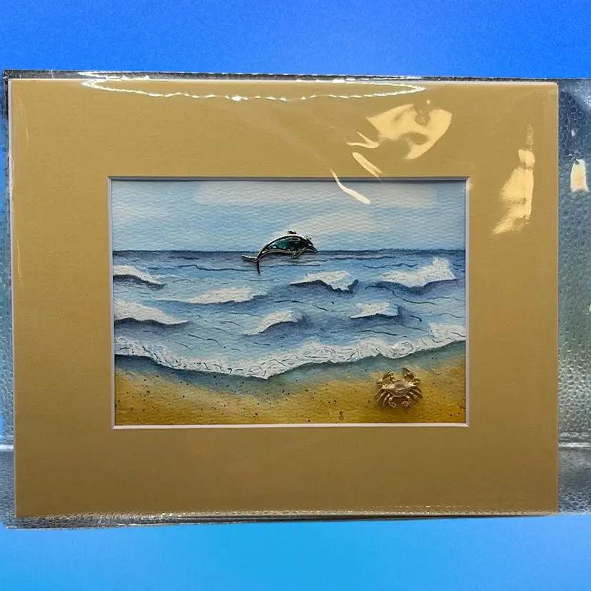 Original Watercolor Dolphin Jumping Crab Crawling Brooches 5 X 7” In 8 X 10” Matte