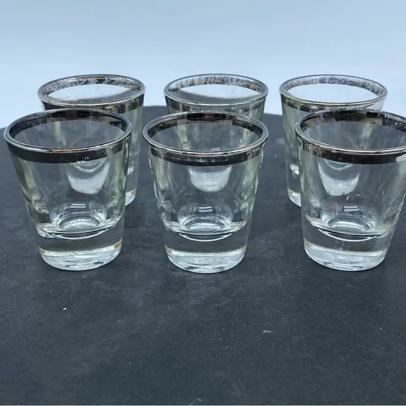 #1322 Vintage Dorothy Thorpe silver rimmed shot glasses.